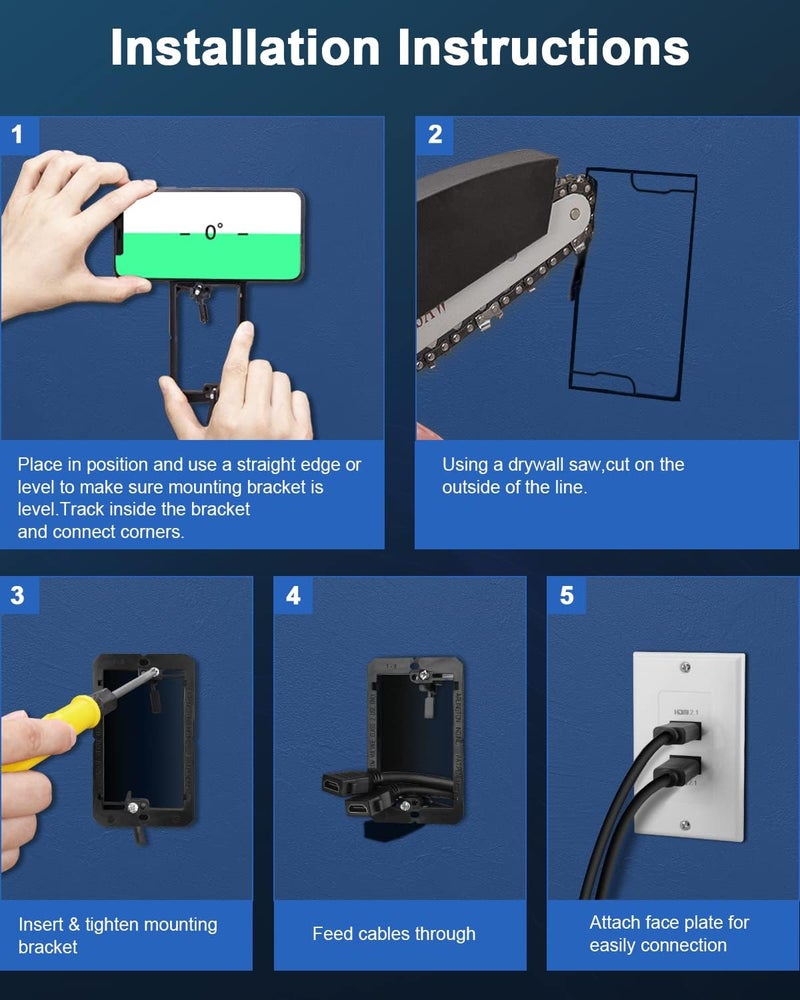 ELECTOP HDMI 2.1 Wall Plate(2 Port), 8K HDMI Wall Outlet Pass Through with Low Voltage Metal Mounting Bracket, Supports 8K@60Hz and 4K@120Hz, 3D, HDR, 48 Gbps HDMI Box, Fits Home Theater Systems - Image 5